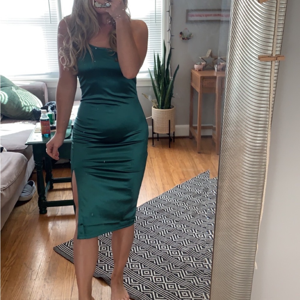 one shoulder green silk dress